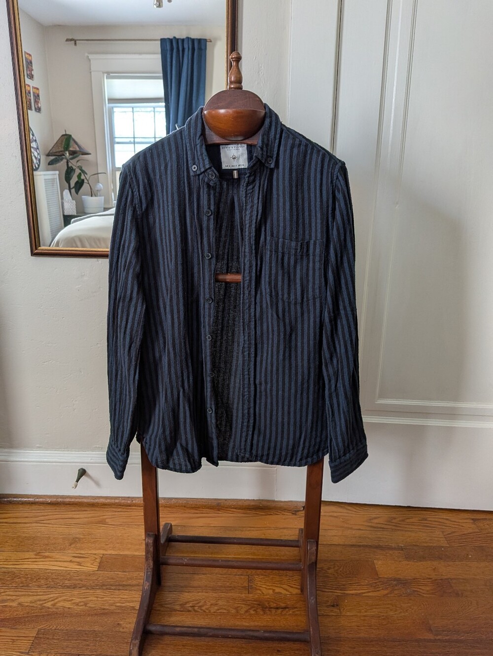 Denim & Flower Black and Dark Blue Striped Casual Button-Down Shirt